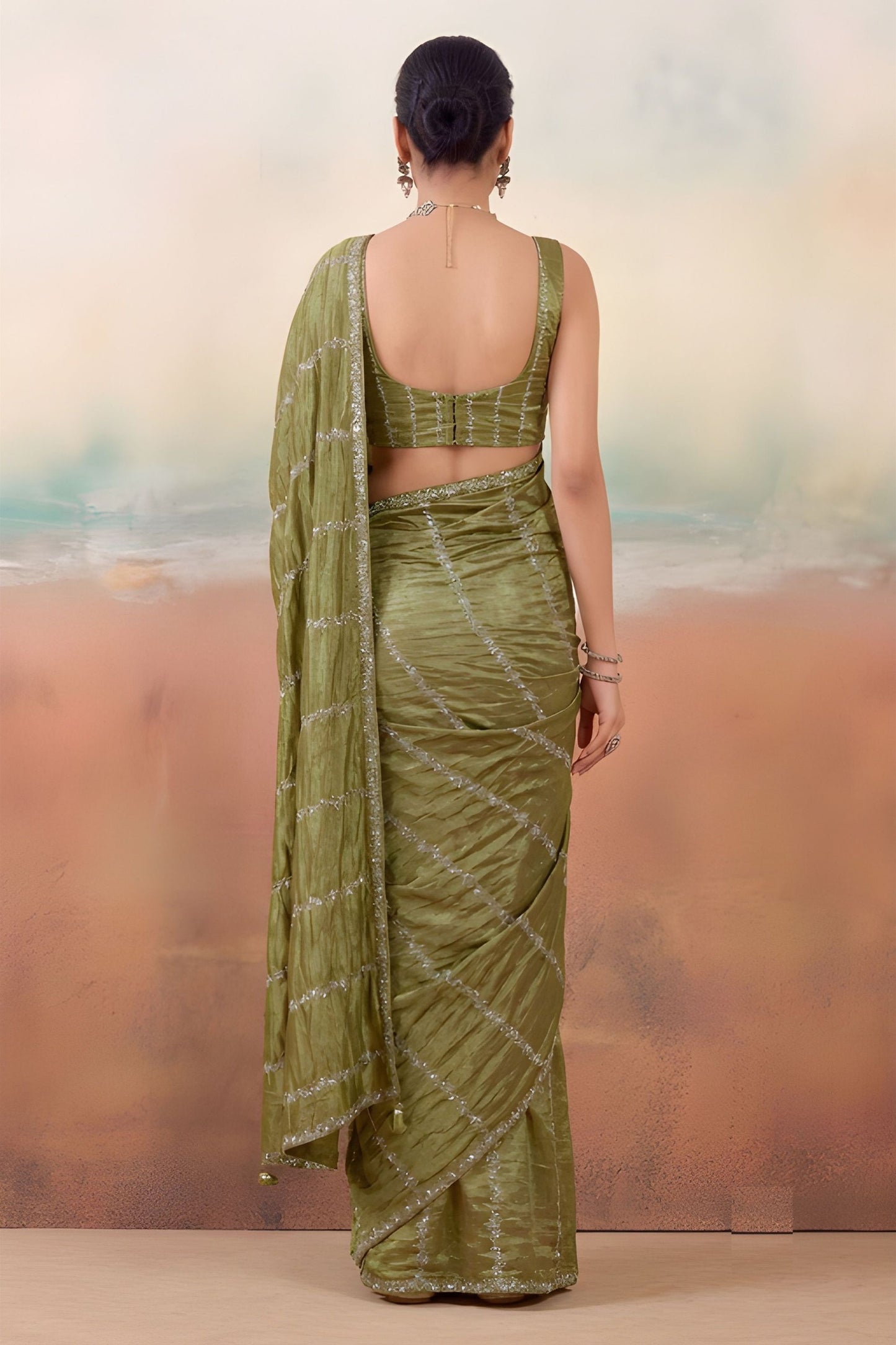 Graceful Olive Green Chiffon Saree Embroidery Work for Women