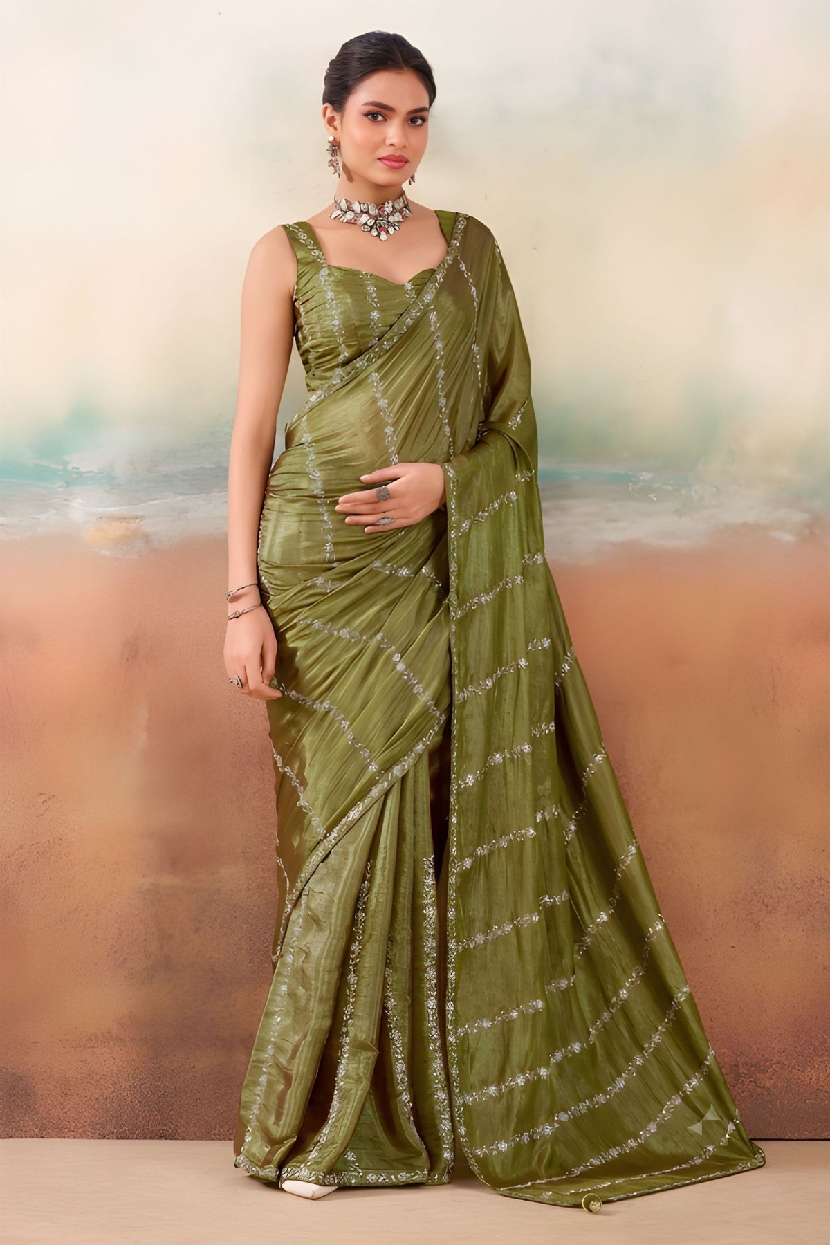 Graceful Olive Green Chiffon Saree Embroidery Work for Women