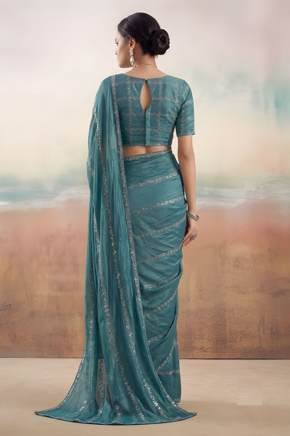 Royal Teal Blue Chiffon Saree Embroidery Work for Women