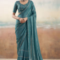 Royal Teal Blue Chiffon Saree Embroidery Work for Women