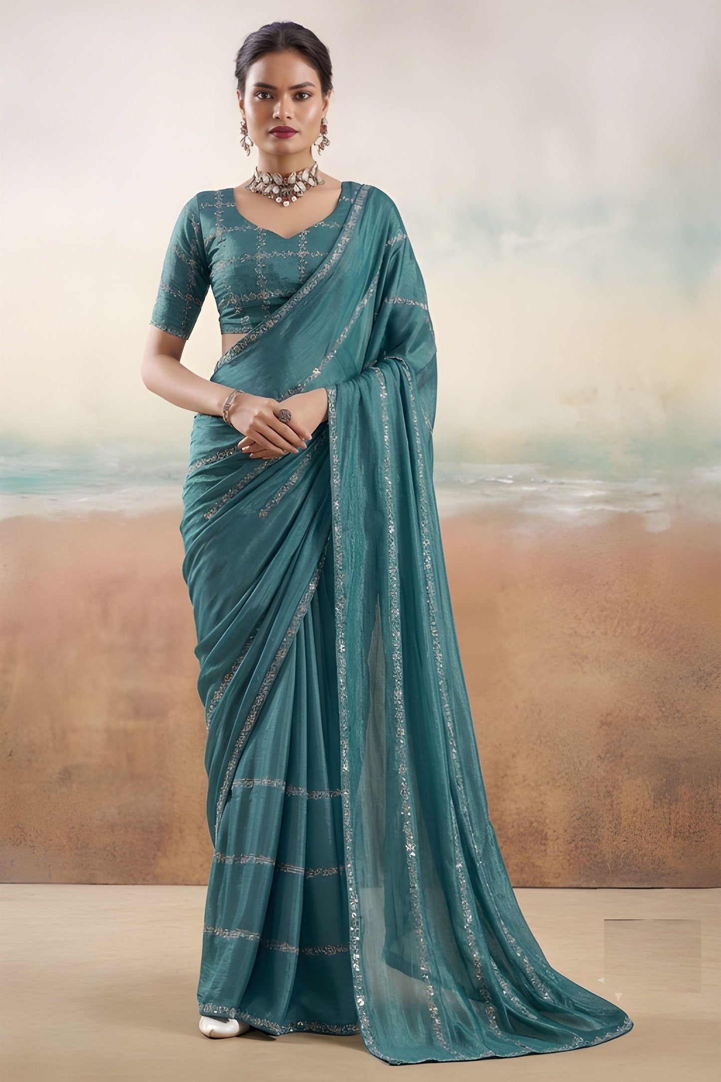 Royal Teal Blue Chiffon Saree Embroidery Work for Women