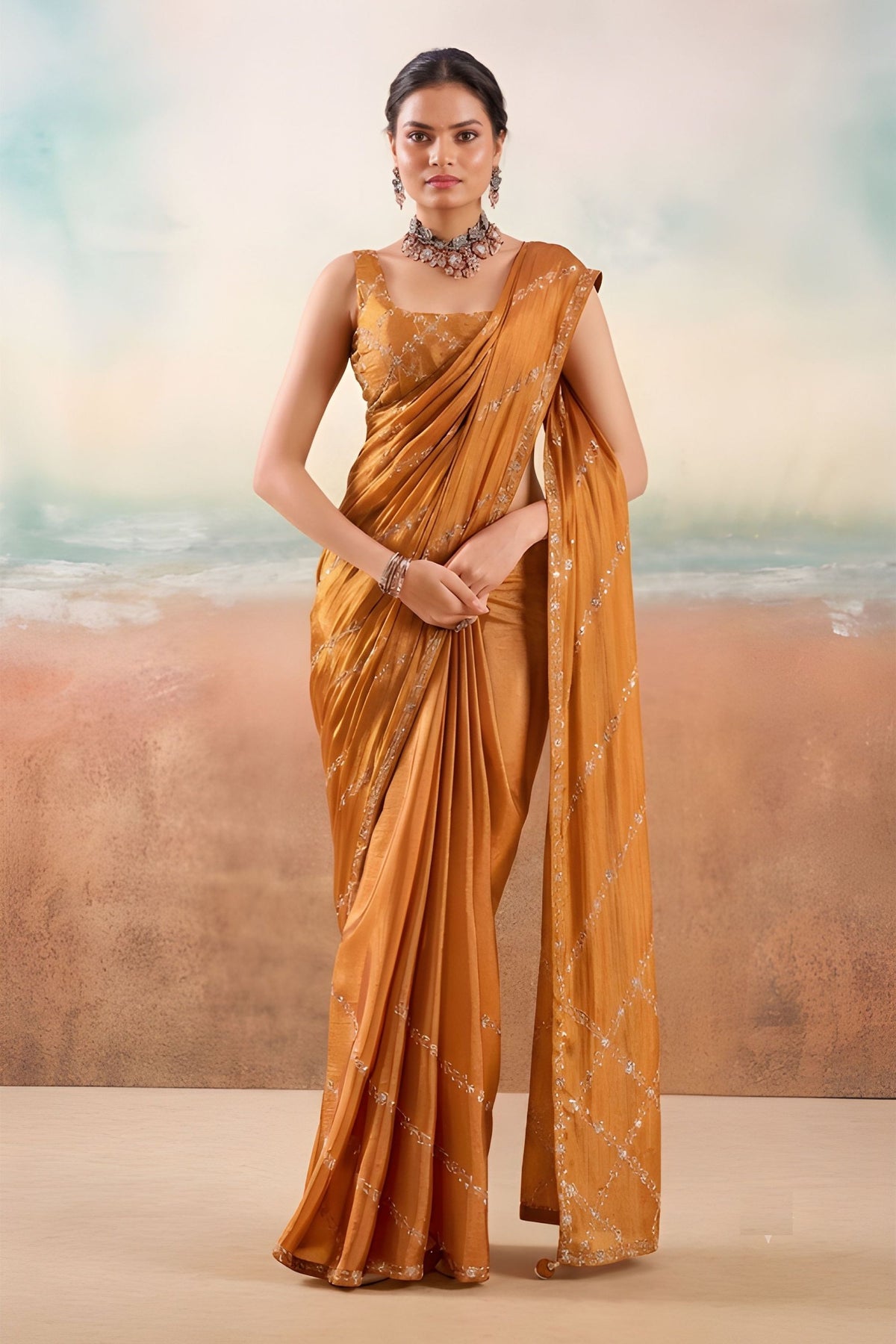 Vibrant Rust Orange Chiffon Saree with Embroidery Work for Women