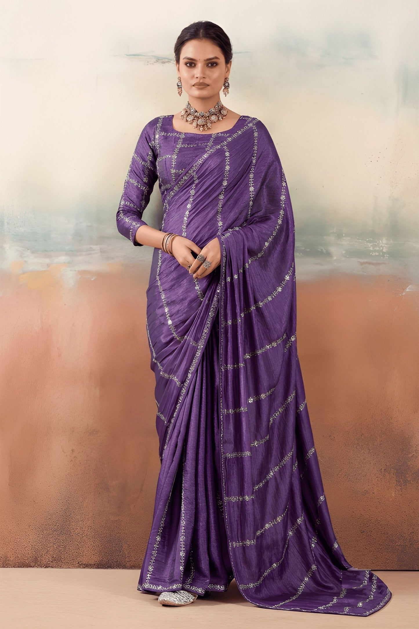 Lovely Purple Chiffon Saree Embroidery Work for Women