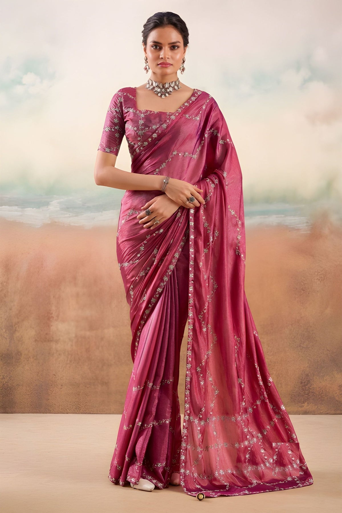 Stunning Rani Pink Chiffon Saree Embroidery Work for Women