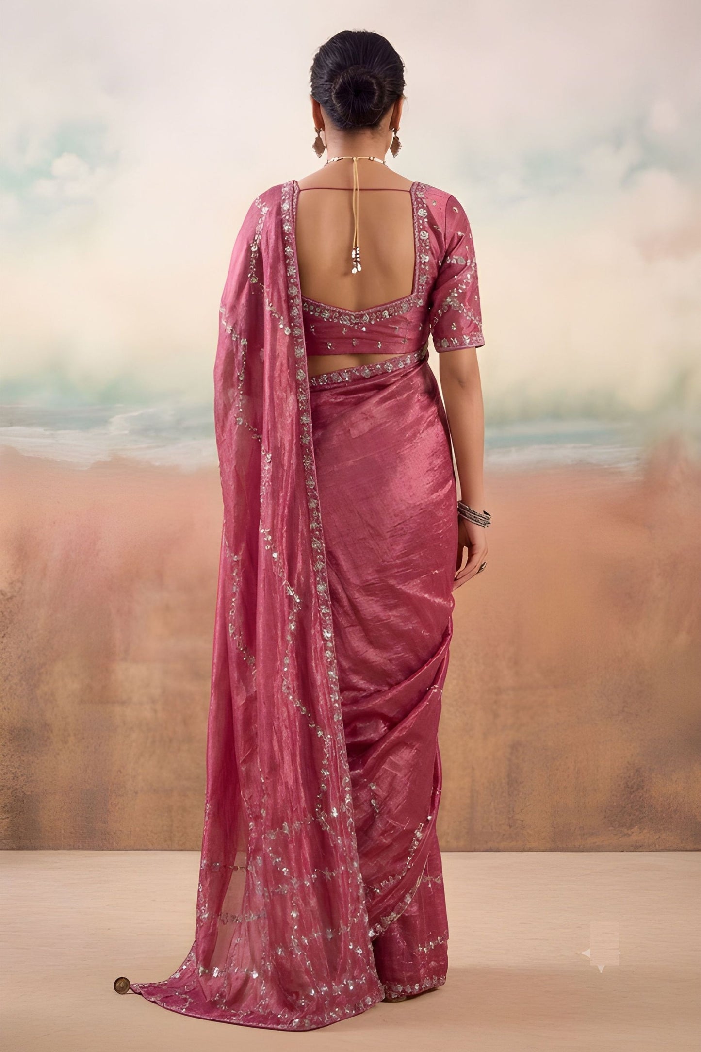 Stunning Rani Pink Chiffon Saree Embroidery Work for Women