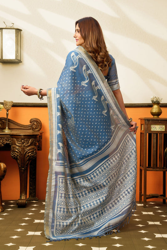 Stylish Blue Cotton Woven Jacquard Designer Saree for Women