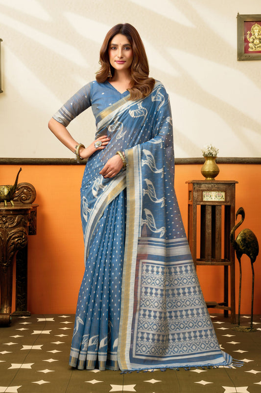 Stylish Blue Cotton Woven Jacquard Designer Saree for Women