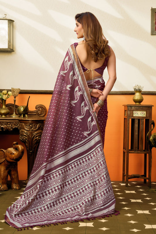 Stylish Wine Cotton Woven Jacquard Designer Saree for Women