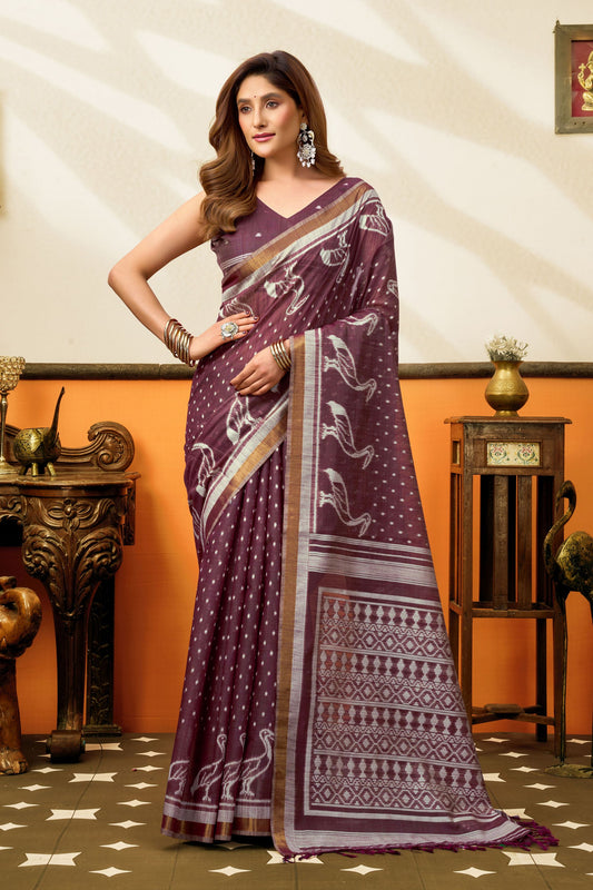 Stylish Wine Cotton Woven Jacquard Designer Saree for Women