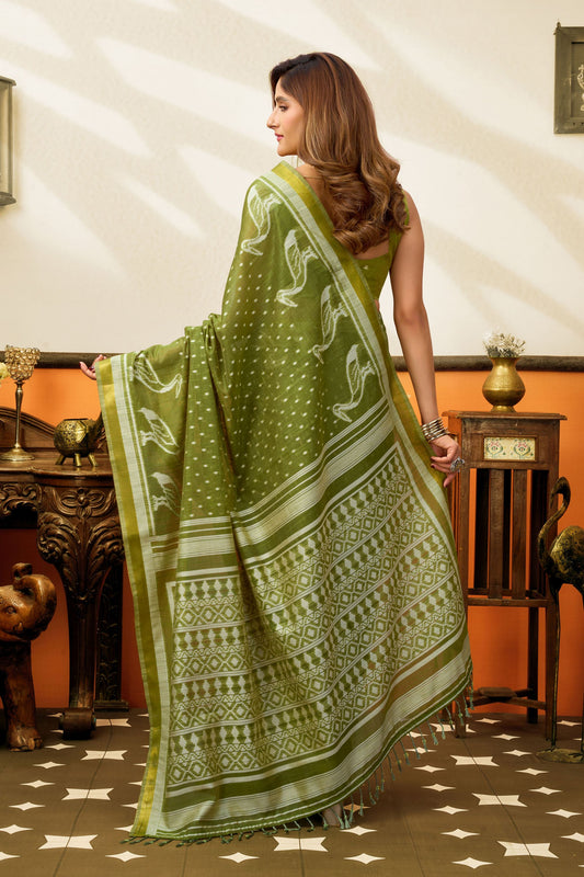 Graceful Olive Green Cotton Woven Jacquard Designer Saree for Women