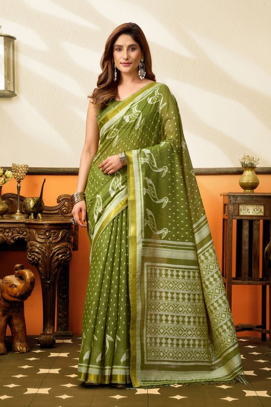 Graceful Olive Green Cotton Woven Jacquard Designer Saree for Women