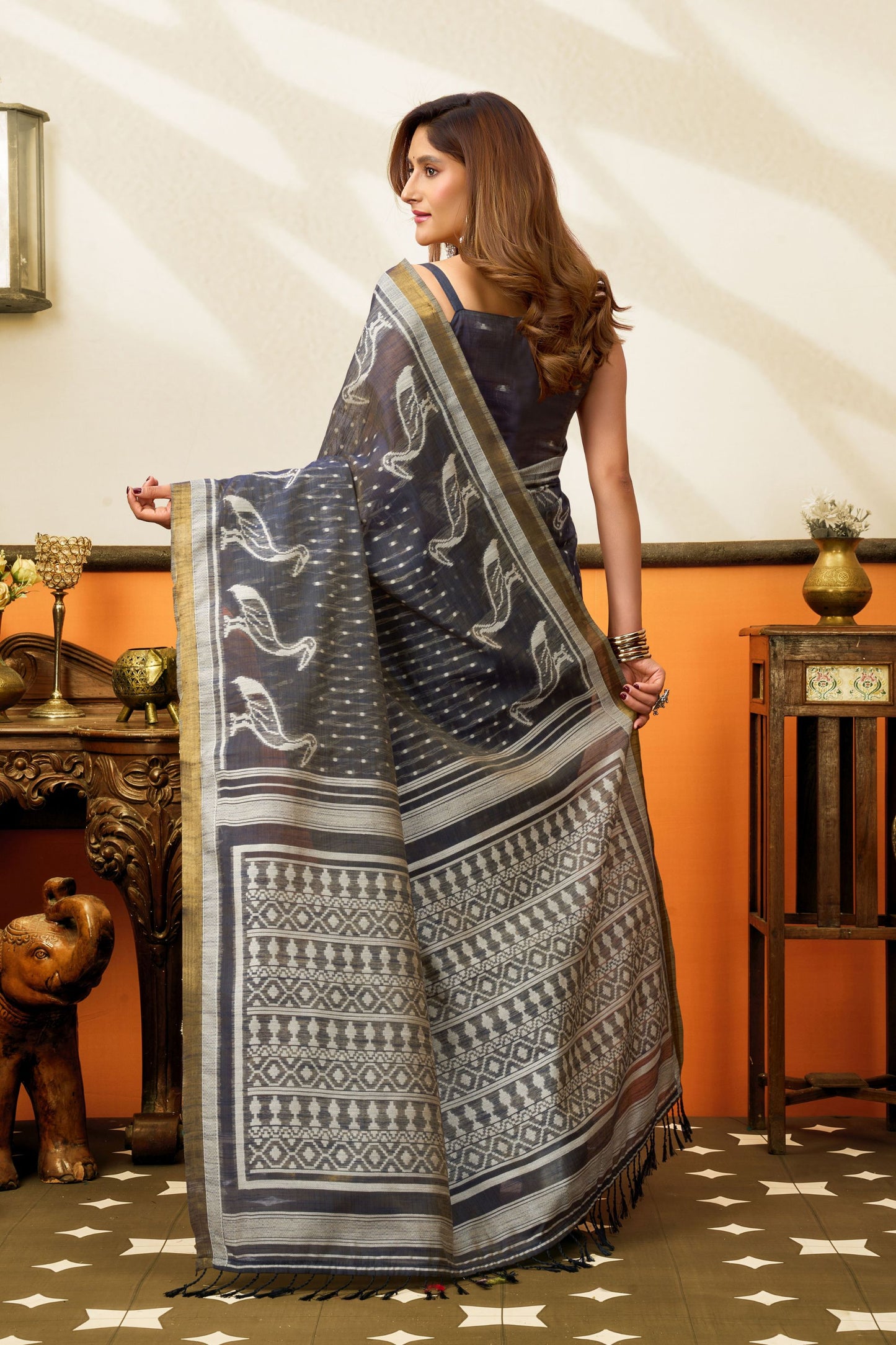 Premium Charcoal Grey Cotton Woven Jacquard Designer Saree for Women