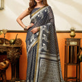 Premium Charcoal Grey Cotton Woven Jacquard Designer Saree for Women