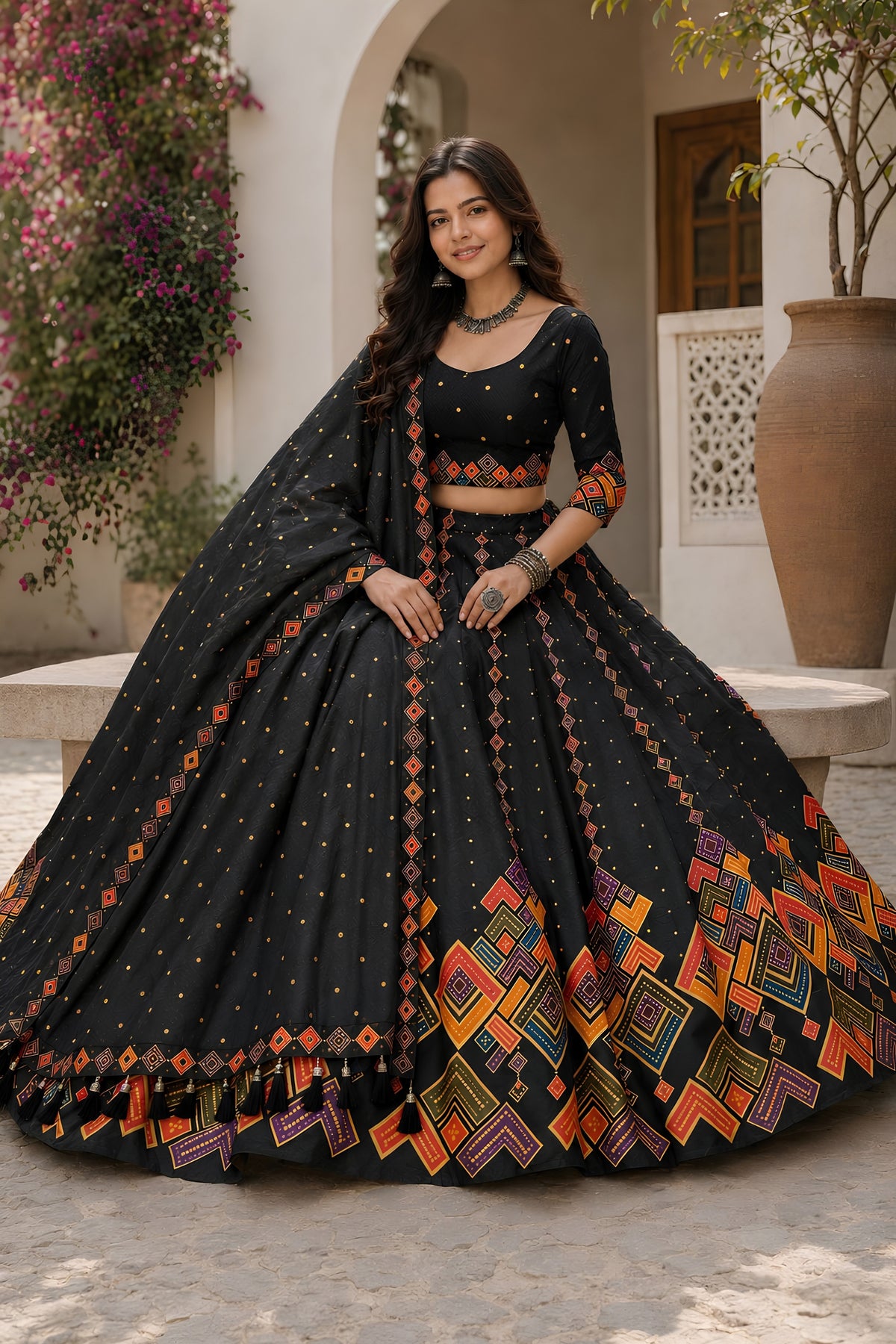 Elegant Black Cotton Rayon Designer Printed Lehenga Choli with Dupatta for Women