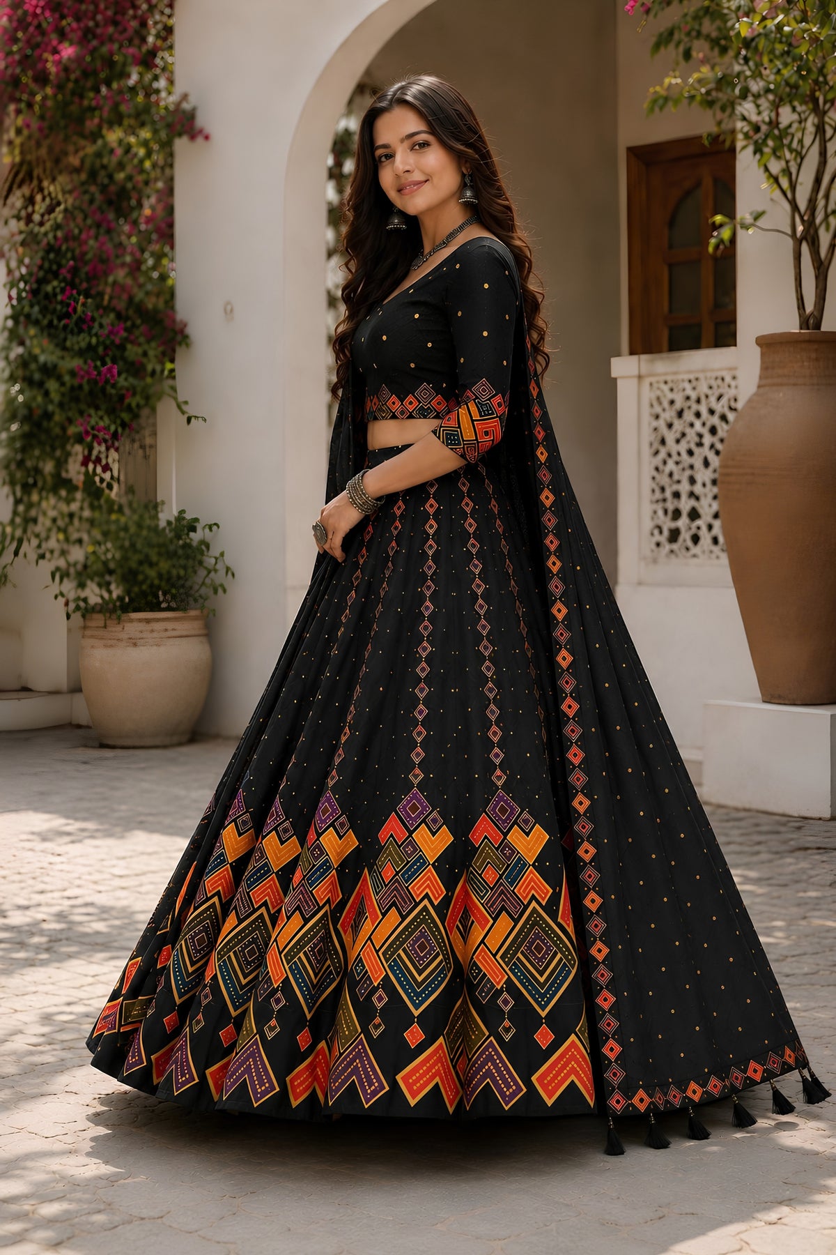Elegant Black Cotton Rayon Designer Printed Lehenga Choli with Dupatta for Women