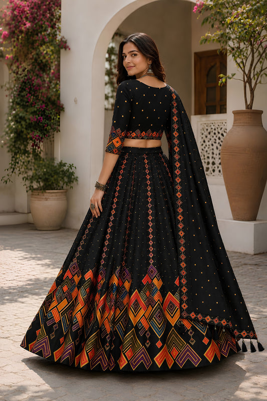 Elegant Black Cotton Rayon Designer Printed Lehenga Choli with Dupatta for Women