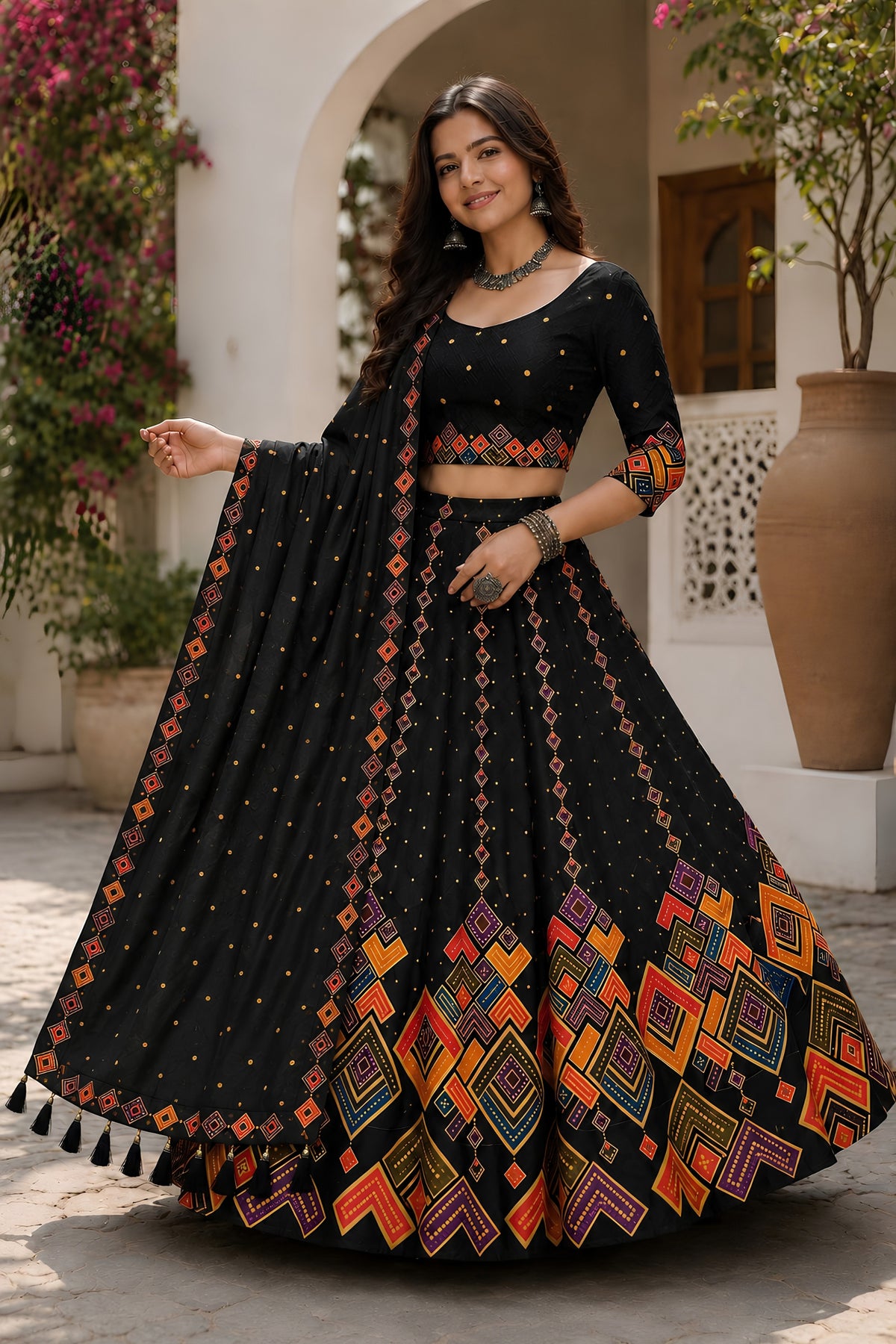 Elegant Black Cotton Rayon Designer Printed Lehenga Choli with Dupatta for Women