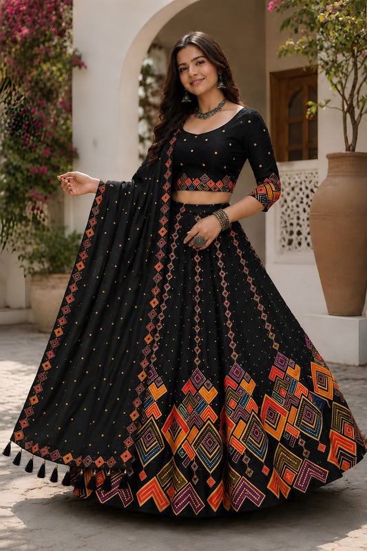 Elegant Black Cotton Rayon Designer Printed Lehenga Choli with Dupatta for Women