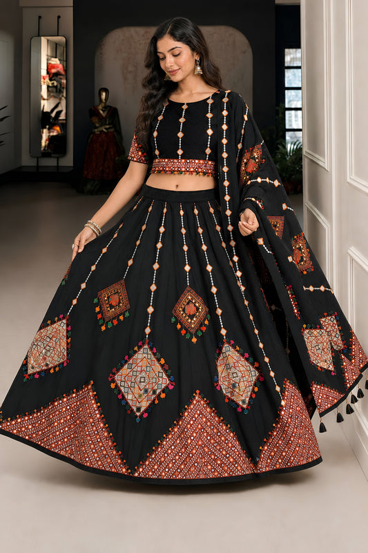 Stylish Black Cotton Rayon Designer Printed Lehenga Choli with Dupatta for Women