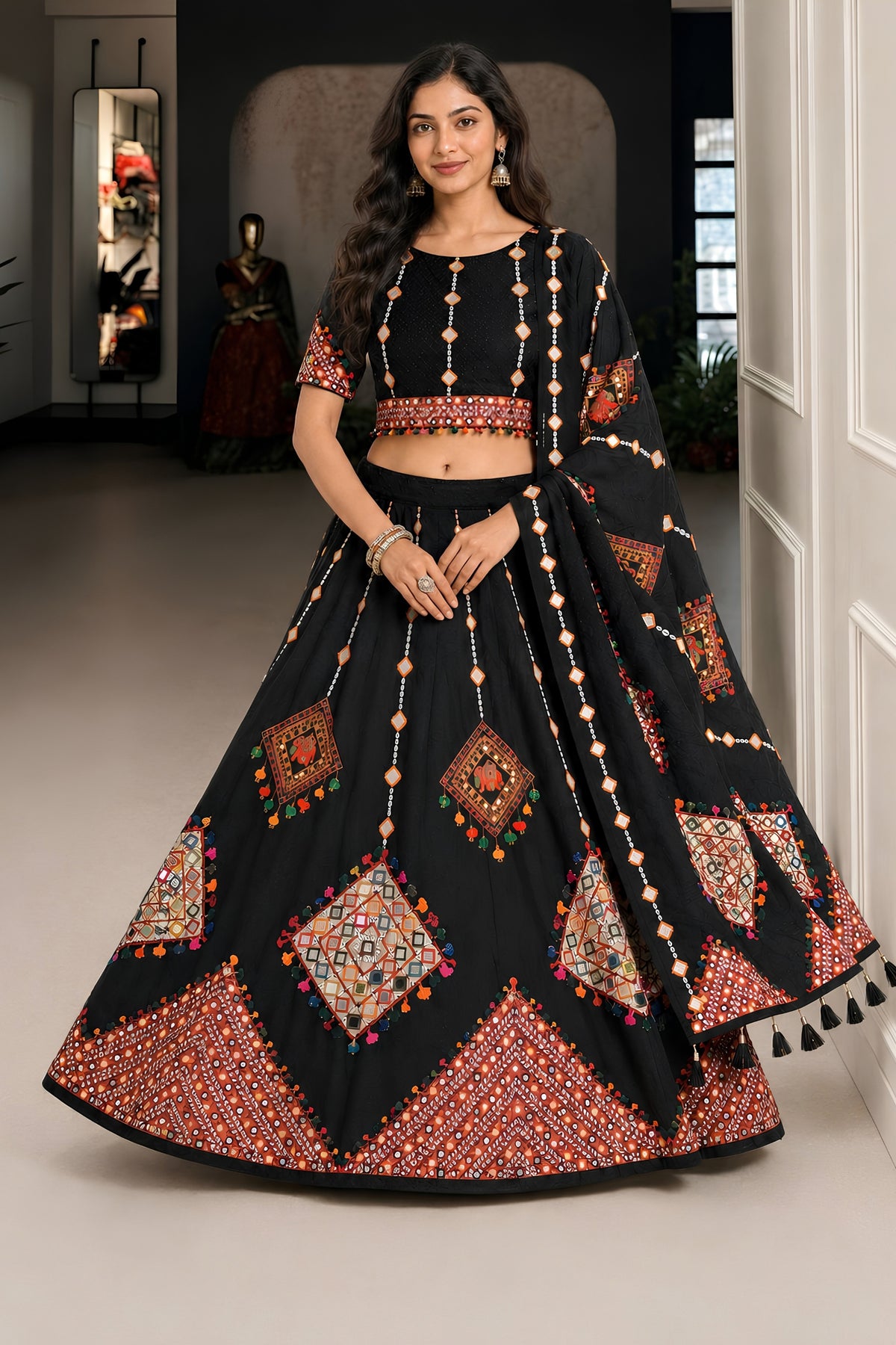 Stylish Black Cotton Rayon Designer Printed Lehenga Choli with Dupatta for Women
