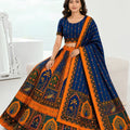 Royal Blue and Orange Designer Printed Lehenga Choli with Dupatta for Women