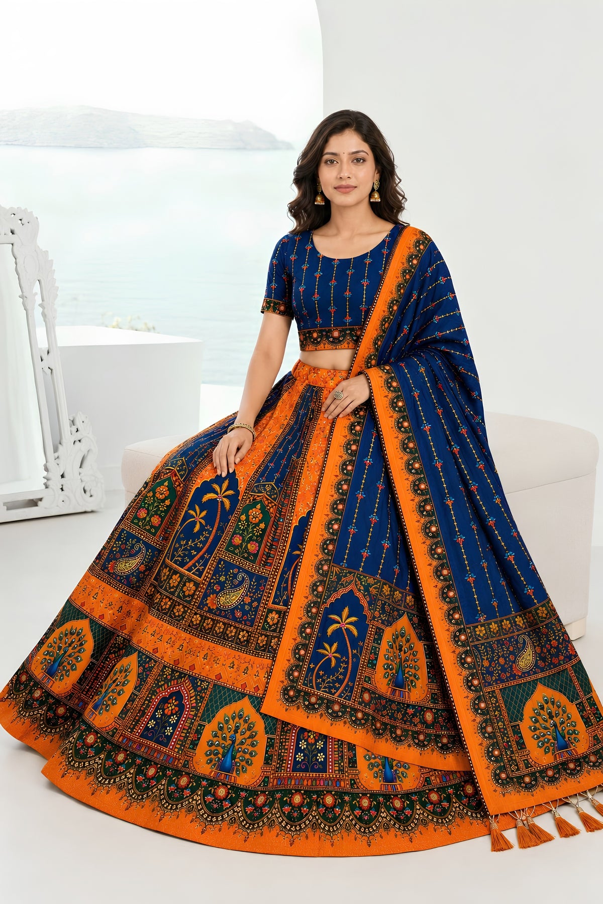 Royal Blue and Orange Designer Printed Lehenga Choli with Dupatta for Women