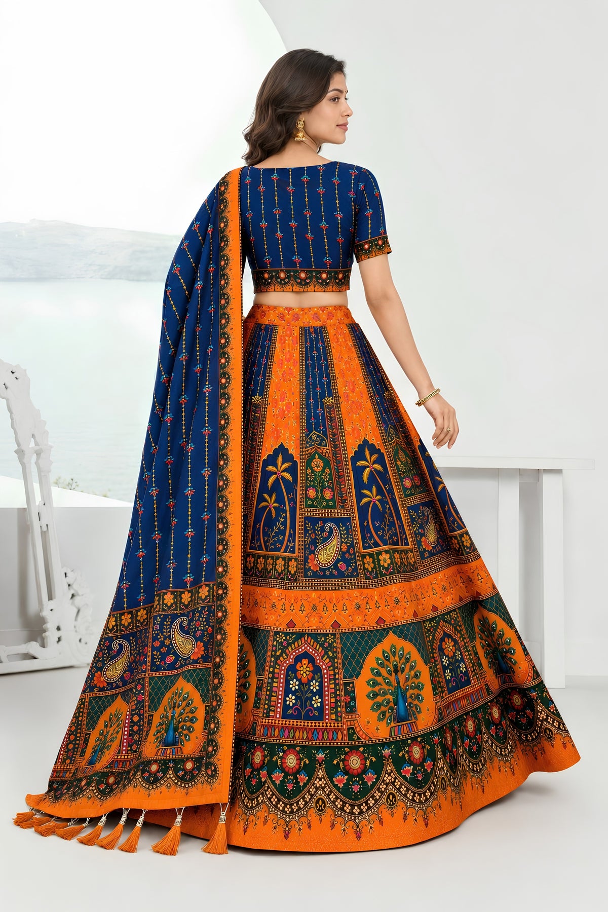 Royal Blue and Orange Designer Printed Lehenga Choli with Dupatta for Women