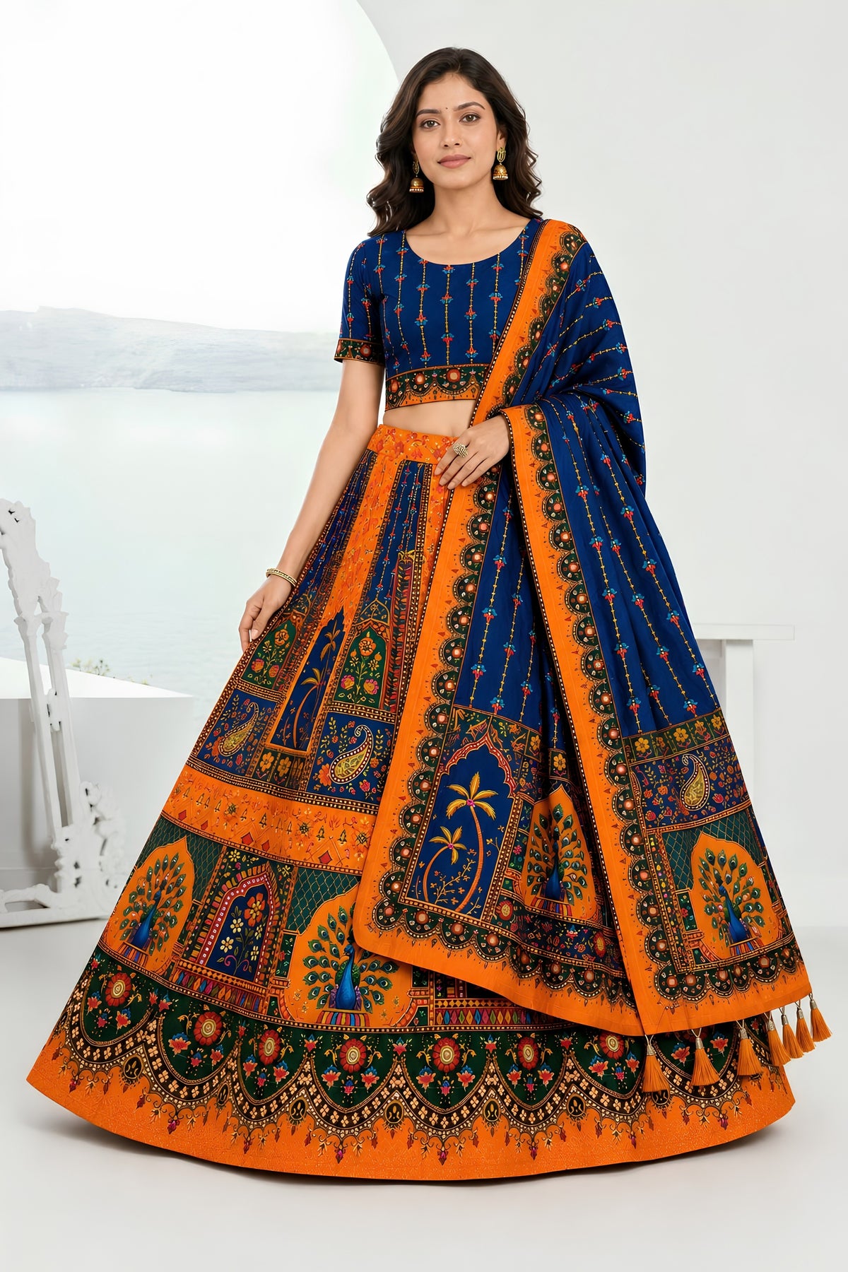 Royal Blue and Orange Designer Printed Lehenga Choli with Dupatta for Women