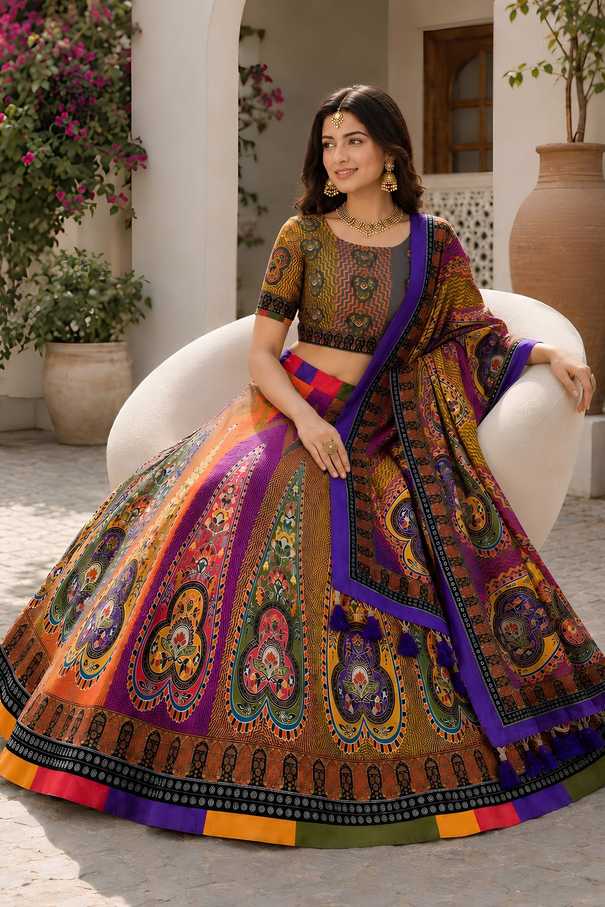 Traditional Multicolor Cotton Rayon Designer Printed Lehenga Choli with Dupatta for Women