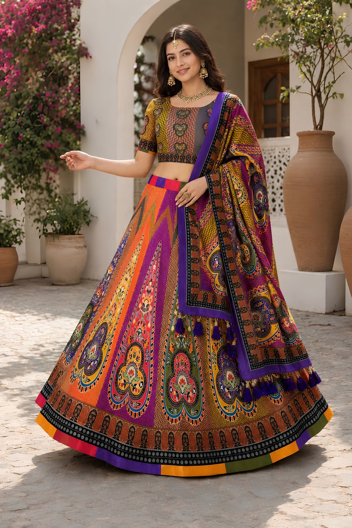 Traditional Multicolor Cotton Rayon Designer Printed Lehenga Choli with Dupatta for Women
