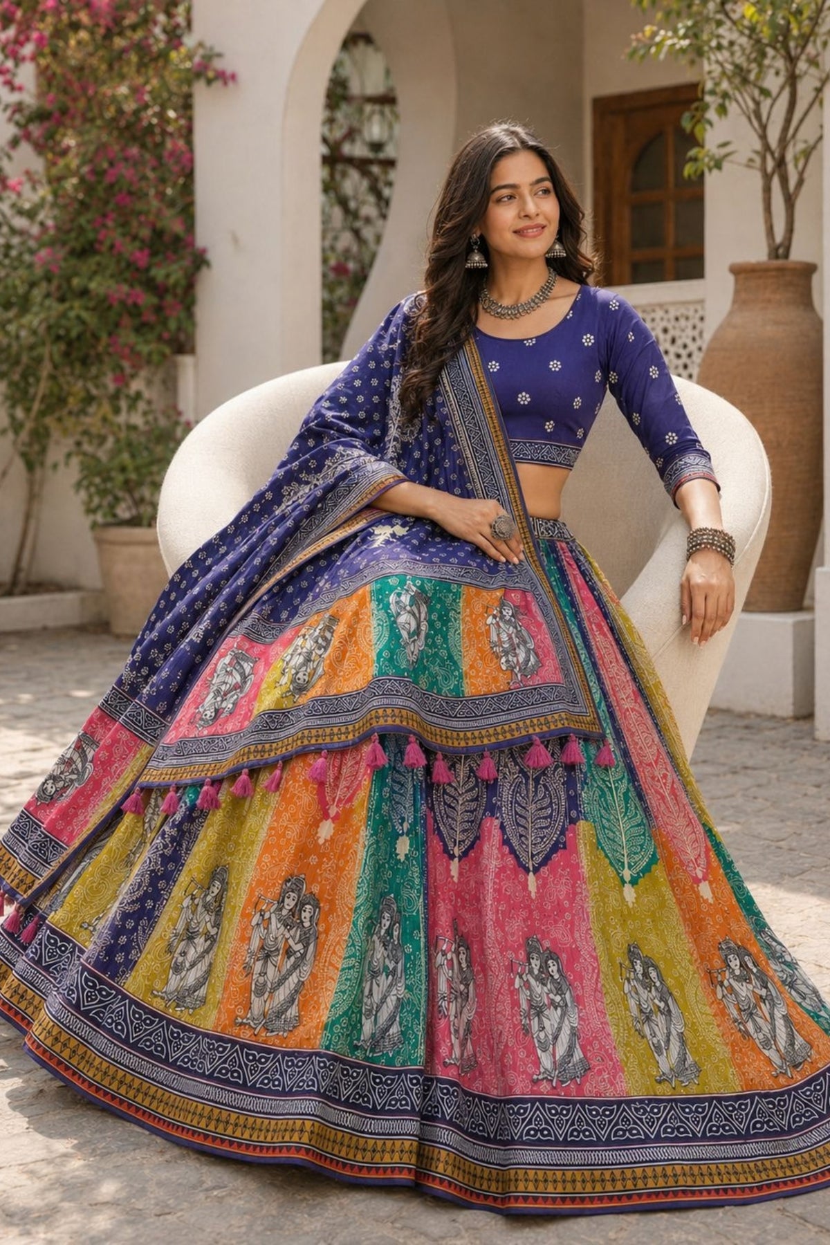 Superb Multicolor Cotton Rayon Designer Printed Lehenga Choli with Dupatta for Women