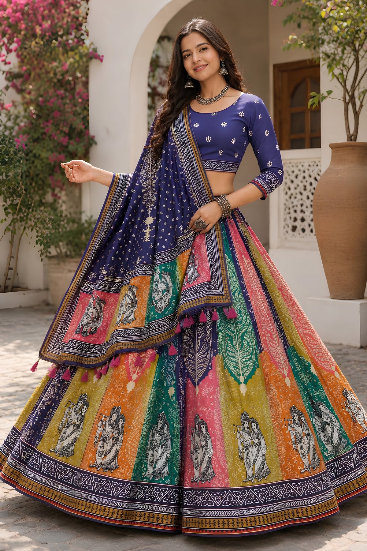 Superb Multicolor Cotton Rayon Designer Printed Lehenga Choli with Dupatta for Women