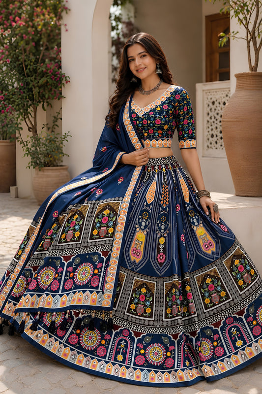 Glorious Navy Blue Cotton Rayon Designer Printed Lehenga Choli with Dupatta for Women