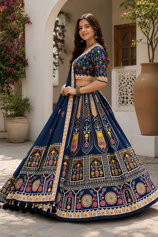 Glorious Navy Blue Cotton Rayon Designer Printed Lehenga Choli with Dupatta for Women