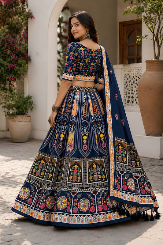 Glorious Navy Blue Cotton Rayon Designer Printed Lehenga Choli with Dupatta for Women