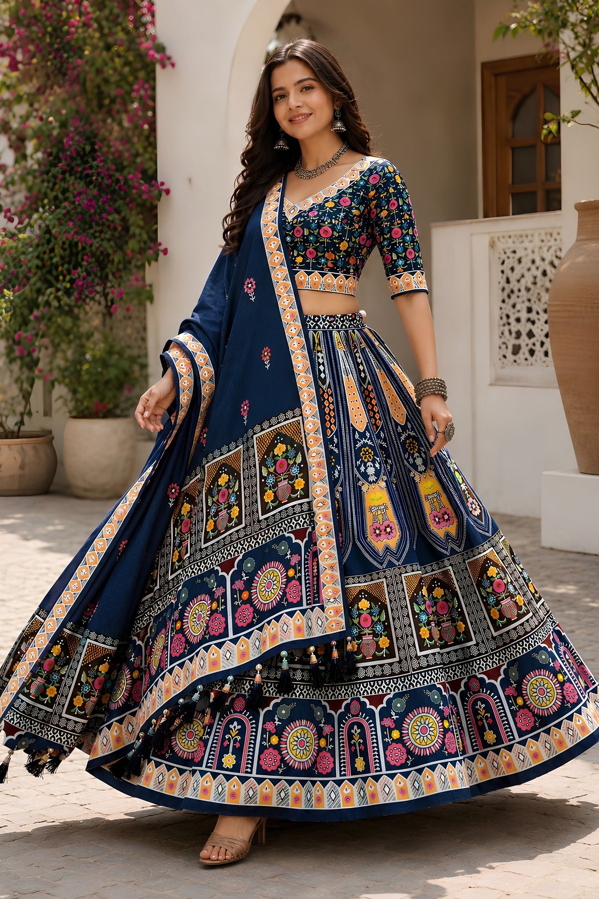 Glorious Navy Blue Cotton Rayon Designer Printed Lehenga Choli with Dupatta for Women