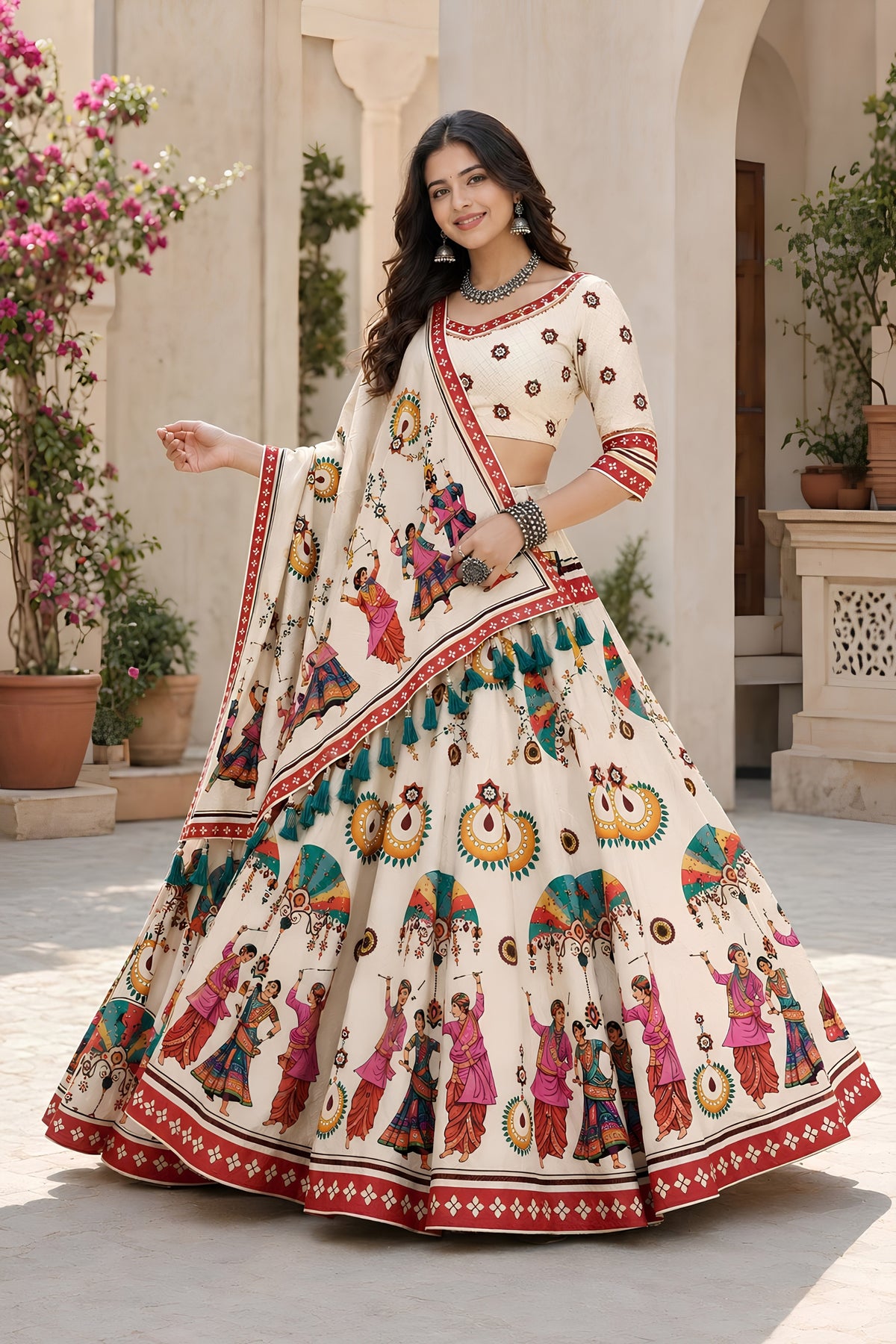 Charming Cream Cotton Rayon Designer Printed Lehenga Choli with Dupatta for Women