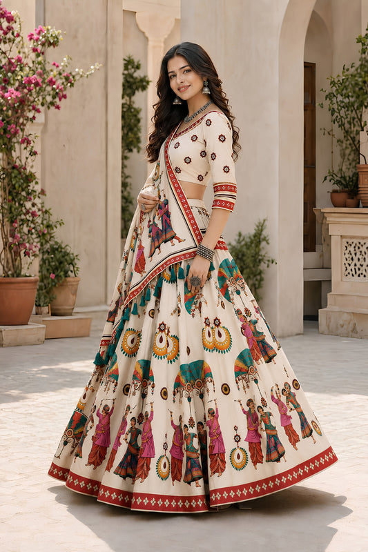 Charming Cream Cotton Rayon Designer Printed Lehenga Choli with Dupatta for Women