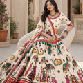 Charming Cream Cotton Rayon Designer Printed Lehenga Choli with Dupatta for Women