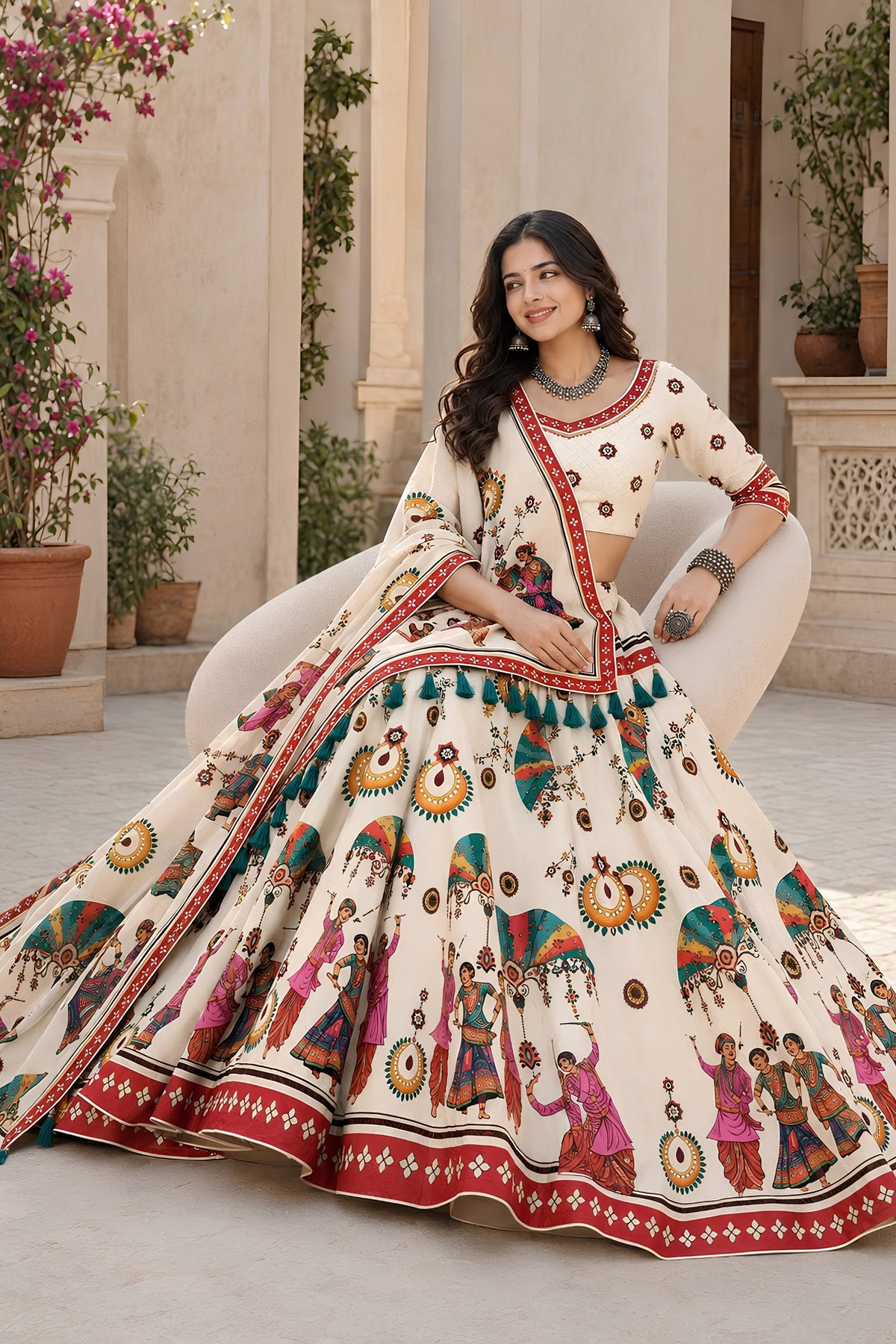 Charming Cream Cotton Rayon Designer Printed Lehenga Choli with Dupatta for Women