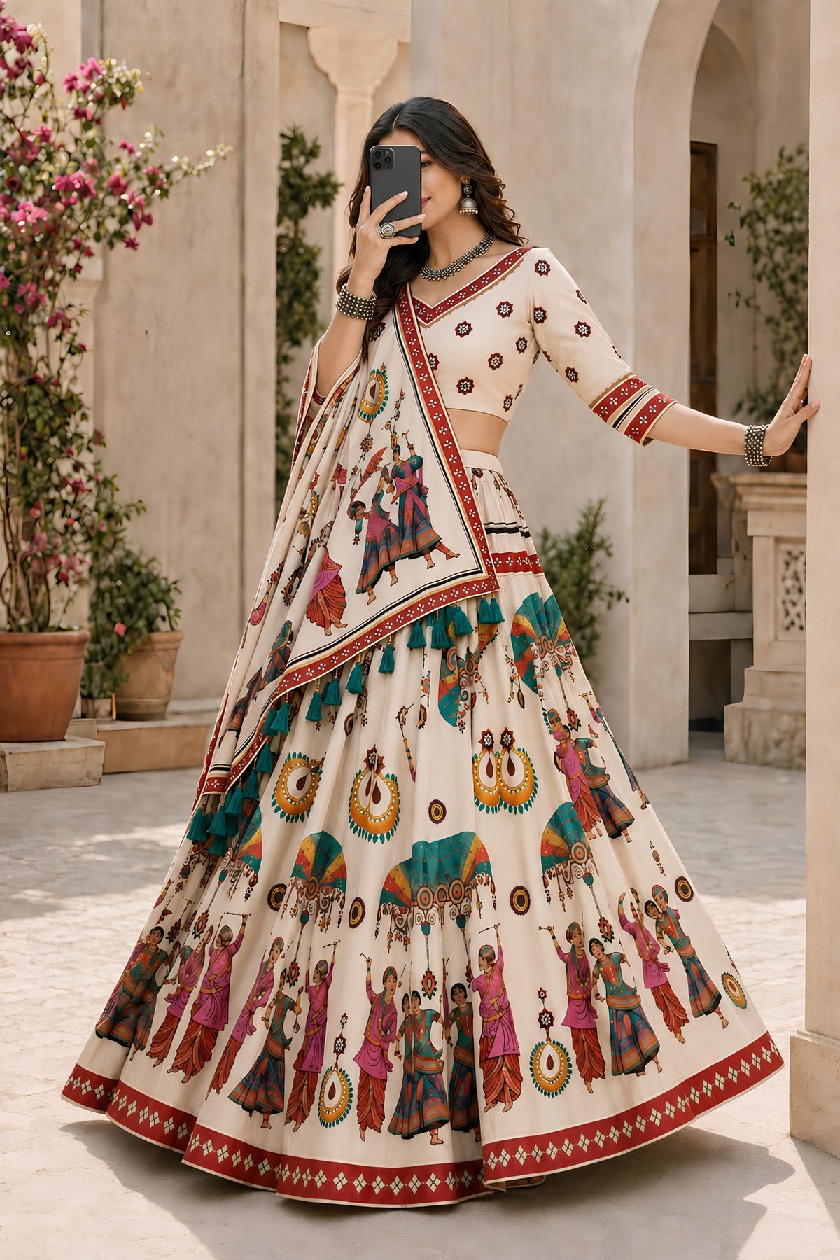 Charming Cream Cotton Rayon Designer Printed Lehenga Choli with Dupatta for Women