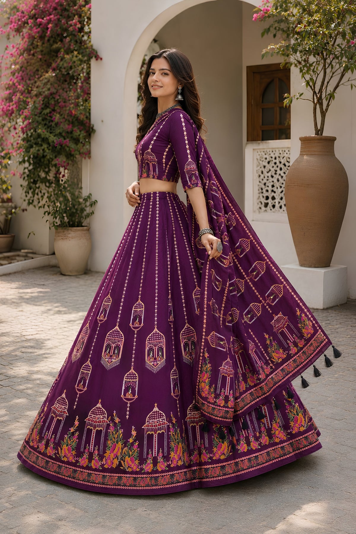 Gorgeous Purple Cotton Rayon Designer Printed Lehenga Choli with Dupatta for Women