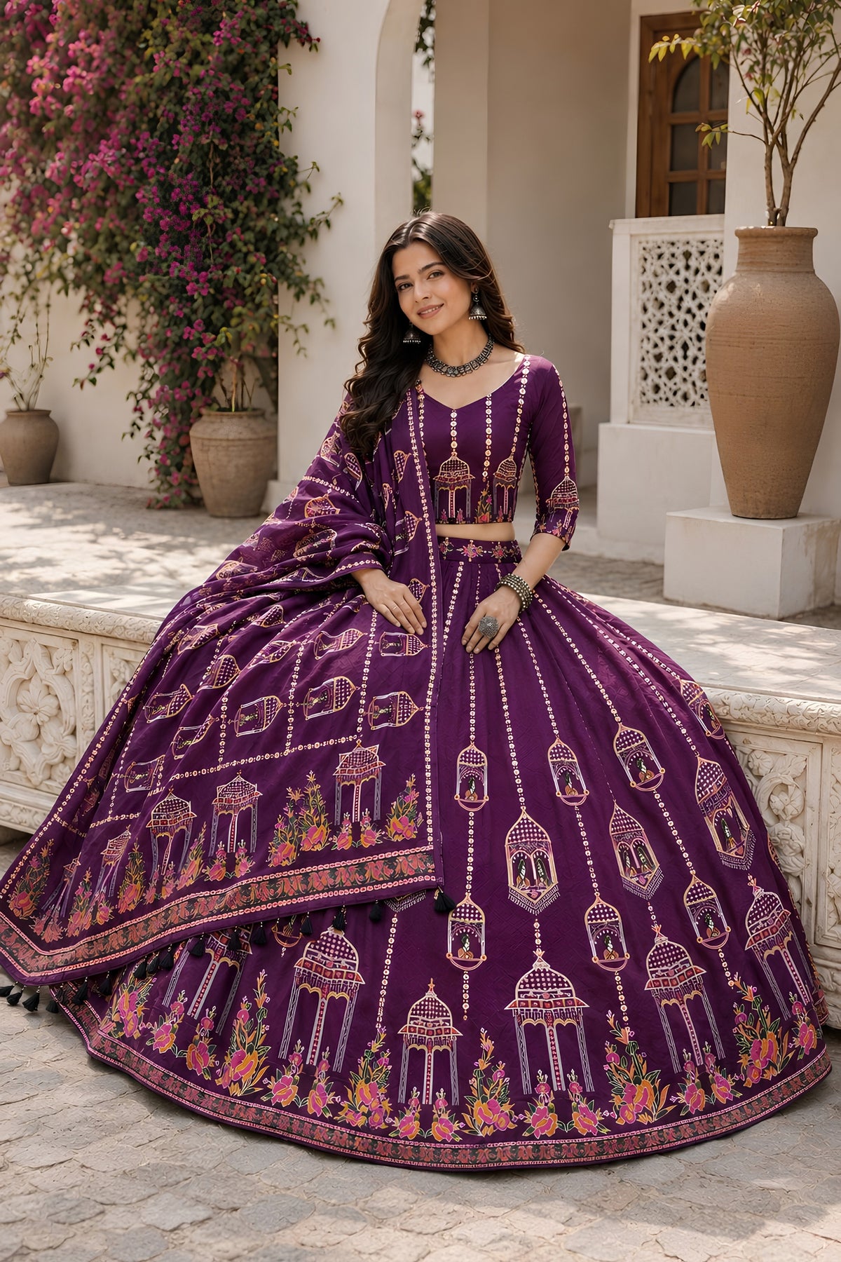 Gorgeous Purple Cotton Rayon Designer Printed Lehenga Choli with Dupatta for Women