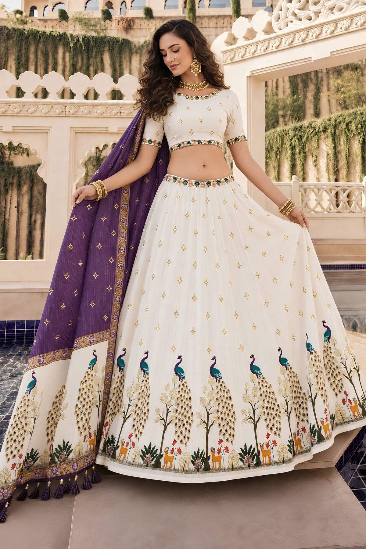 Amazing White and Purple Cotton Rayon Designer Printed Lehenga Choli with Dupatta for Women