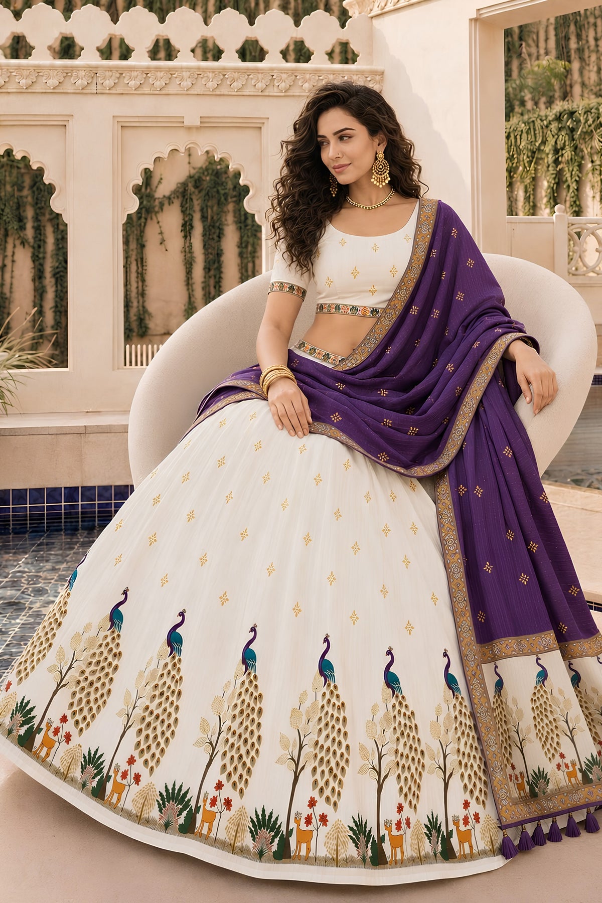 Amazing White and Purple Cotton Rayon Designer Printed Lehenga Choli with Dupatta for Women