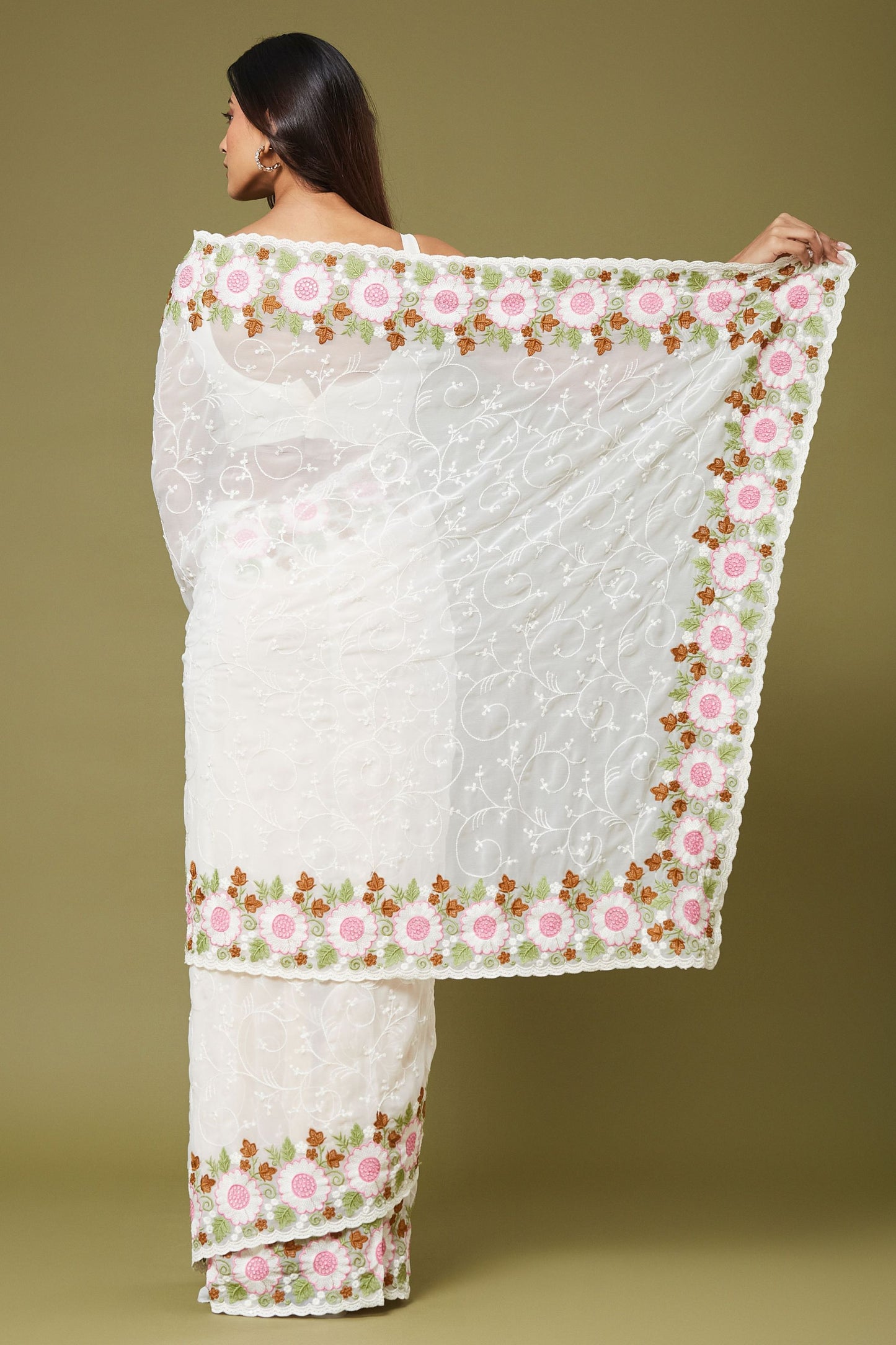 Elegant White Moss Chiffon Saree Sequin Embroidery Work for Women