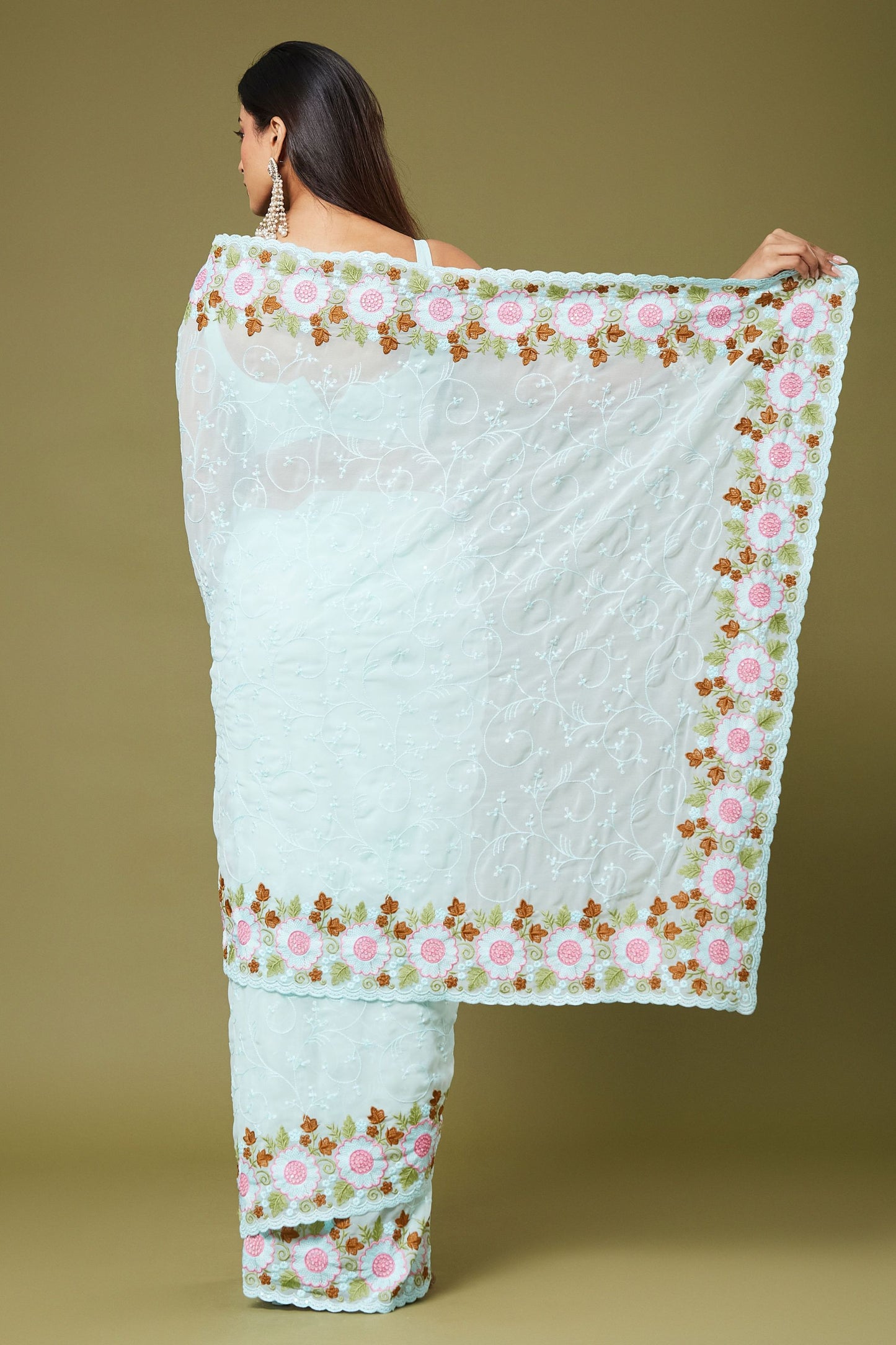 Premium Light Blue Moss Chiffon Saree Sequin Embroidery Work for Women