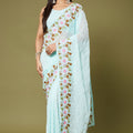 Premium Light Blue Moss Chiffon Saree Sequin Embroidery Work for Women
