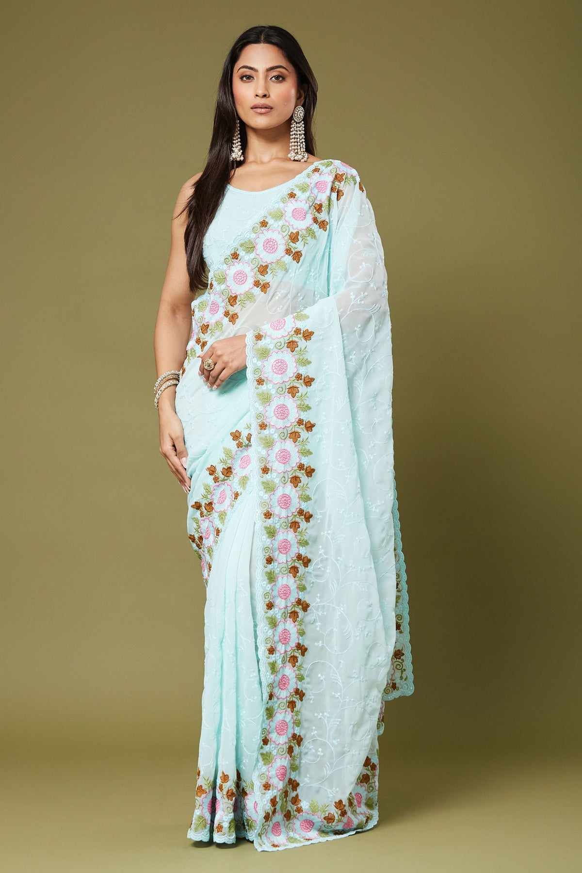 Premium Light Blue Moss Chiffon Saree Sequin Embroidery Work for Women