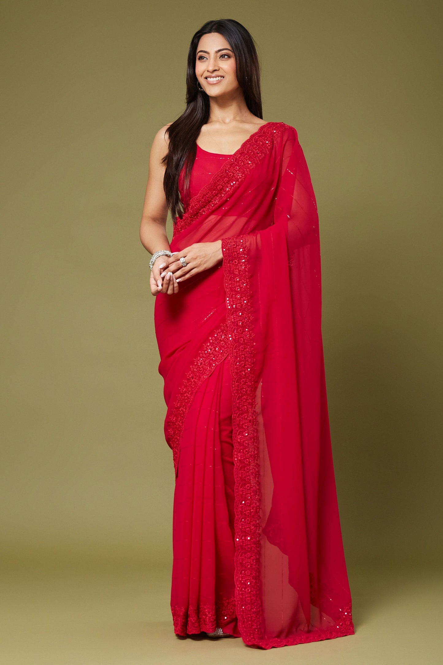 Stylish Red Chiffon Saree Sequin Embroidery Border for Women